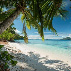 Naklejka premium A picturesque tropical beach with pristine white sand, gently swaying palm tree leaves, and a sparkling ocean in the distance.