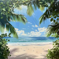 Obraz premium A serene tropical beach with white sand stretching into the distance, framed by palm tree leaves and bathed in warm sunlight.