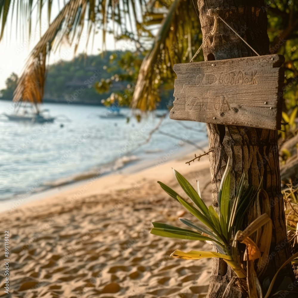 Poster a rustic wooden signboard attached to a palm tree trunk on a beach with golden sand, with boats visi