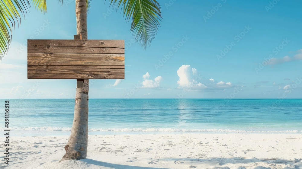 Poster a simple wooden signboard on a palm tree on a white sandy beach, with a clear horizon line and calm 
