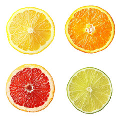 Obraz premium Set of citrus fruit slices including grapefruit, orange, lemon, and lime, isolated on white. Perfect for food, health, and summer themes.