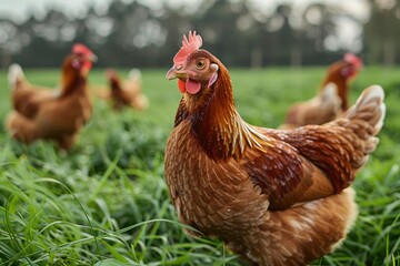 Group of hens standing on green grass in the farm