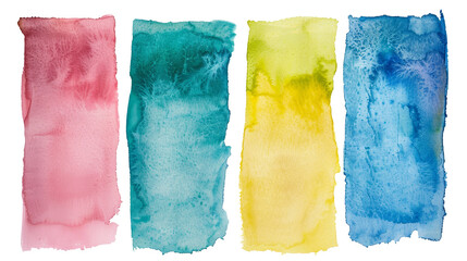 Set of colorful watercolor squares in pink, blue, green, and purple hues on white background. Artistic and creative design concept.