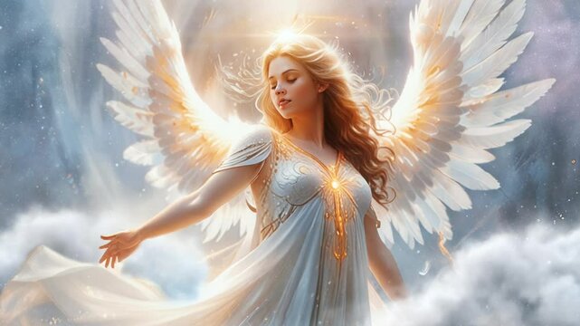 Beautiful Angel With wings with beautiful golden light, smooth looping video.