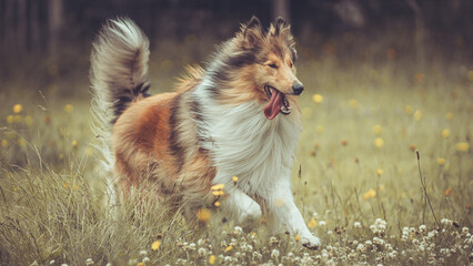 Portrait rough Collie Langhaar sable schottisch adult outdoor im Sommer Garten rennen Var. 4