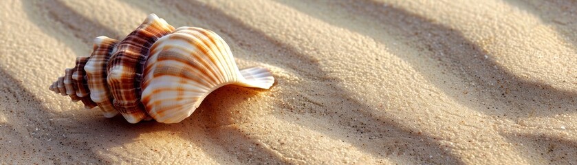 A seashell resting on a sandy beach, with the textured sand creating a natural backdrop. The shell's intricate patterns and colors are highlighted by the warm sunlight.