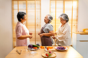 Group of Happy Asian senior women having dinner together at home. Elderly retired woman friends enjoy healthy lifestyle cooking and making vegan food vegetables salad with tofu together in the kitchen