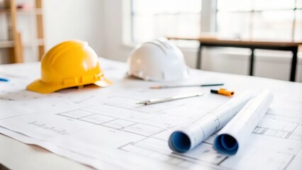 Detailed blueprints spread on a table at a construction site.