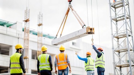 Workers coordinating as materials are lifted by a crane on site.
