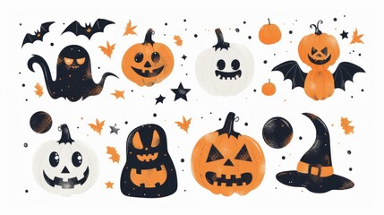Obraz premium Vibrant Collection of Rhinestone Halloween Stickers Featuring Glittery Pumpkins, Bats, and Spiders on a Stark White Background
