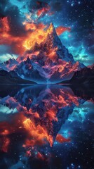 Crystal Peak Serenity: Hyper-Realistic 3D Rendering of Glass Mountains Reflecting Colorful Nebulae in Dreamlike Landscape