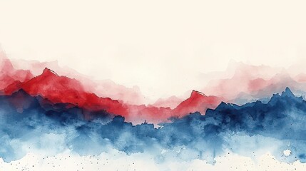 Fototapeta premium Abstract watercolor painting with red and blue hues, resembling a mountain range with clouds.