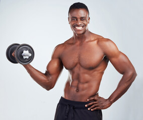 Weights, happy and portrait of black man in studio for workout, bodybuilder training and exercise. Fitness, sports and dumbbell weightlifting for strength, muscles and strong arms on white background