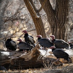 Fototapeta premium A group of turkey vultures gathered around a carcass By Generated AI