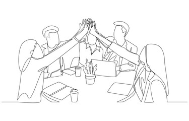 Continuous one line drawing of young office workers giving high five together, business teamwork concept, single line art.
