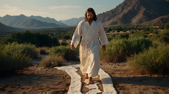 A man dressed in a white robe and sandals&mdash;a representation of Jesus Christ&mdash;steps over the serpent and crushes her head and entire body. allusion to God's promises and the Book of Genesis in the Bible 