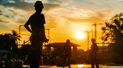 Silhouettes of Construction Workers at Sunset