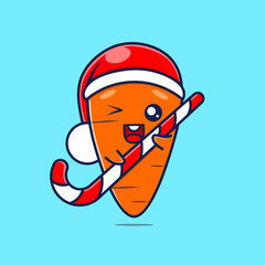 Cute carrot cartoon in christmas hat holding lollipop