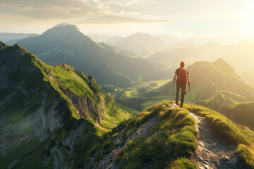 Fototapeta premium Hiker on Mountain Top at Sunset