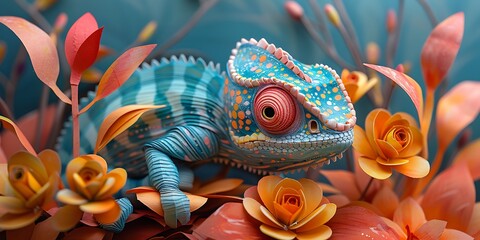 Fototapeta premium Cute chameleon and flowers on blue background. Paper cut style