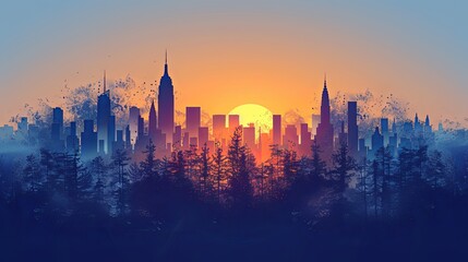 Obraz premium vector, illustration, flat, Seamless silhouette of the city. Cityscape with buildings. Simple blue background. Urban landscape. Beautiful template. Modern city with layers. Flat style vector illustrat