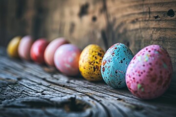 Colorful Easter eggs on a rustic wooden background