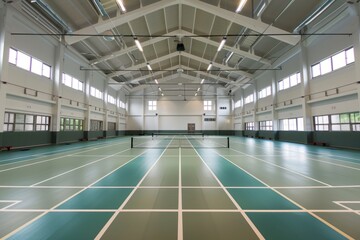 School badminton hall ,A person playing badminton on an indoor court