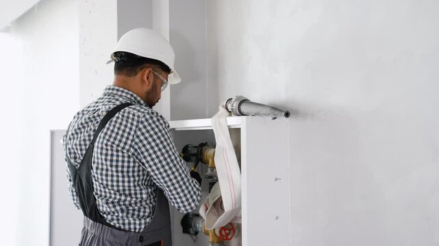 Indian plumber installs or inspects fire hydrant in office