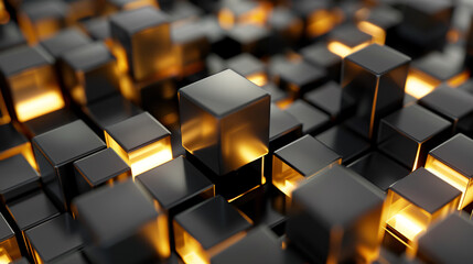 Obraz premium Abstract black and gold background with glowing cubes. 3D render illustration.