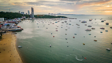 Pattaya Thailand aerial view of Ko Lan island at sunset from gulf of Thailand 