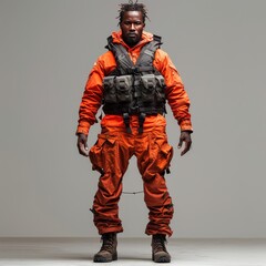 Fototapeta premium Ready for Anything: Confident Individual in Emergency Preparedness Pose