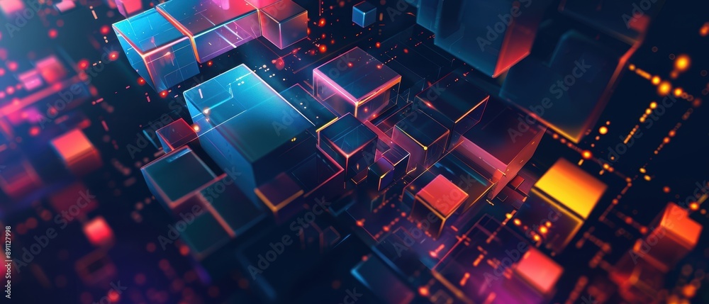 Fototapete an abstract tech background with layered geometric shapes and glowing edges, leaving a blank area on