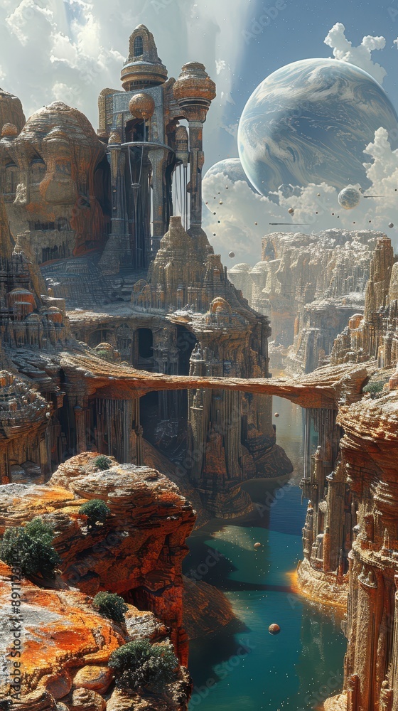 Fototapete alien world: hyper-realistic 3d rendering of mysterious landscape with organic structures and multip
