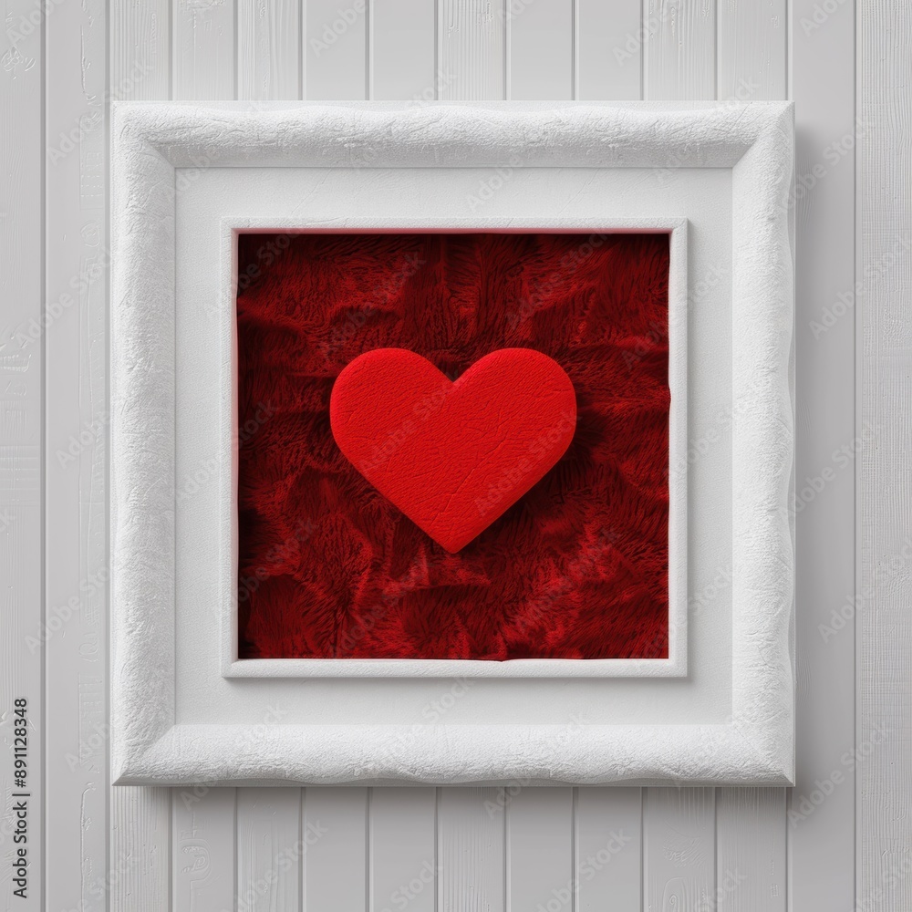 Wall mural Framed red heart on red fur background