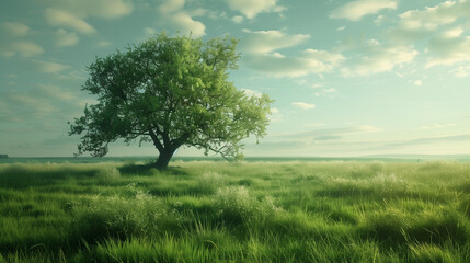 Fototapeta premium In the serene setting of a vast landscape, a solitary, majestic tree stands tall at the center, Generative Ai Illustratrions.