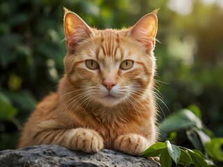 orange cat with blur background, orange cat is sitting and looking