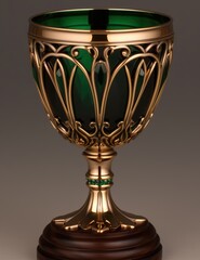 Ornate golden trophy with green glass insert