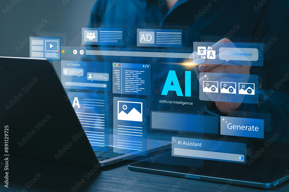 Leinwandbilder artificial intelligence content generator. a man uses a laptop to interact with ai assistant. ai off