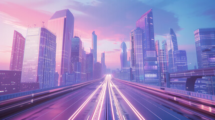 Fototapeta premium Futuristic cityscape with high-speed motion blur and neon lights