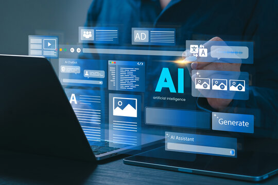 Artificial Intelligence Content Generator. A man uses a laptop to interact with AI assistant. AI offers functions like chatbot, generate images, write code, writer bot, translate and advertising.