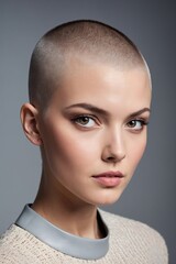 Fototapeta premium Portrait of young caucasian woman with shaved head looking at camera in serious expression