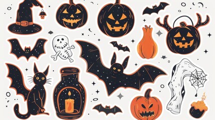 Obraz premium Vibrant Collection of Rhinestone Halloween Stickers Featuring Glittery Pumpkins, Bats, and Spiders on a Stark White Background
