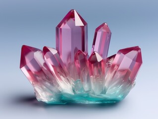 Vibrant pink quartz crystals against blue background