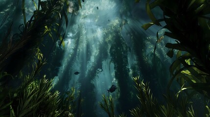 40. "A stunning underwater view of a kelp forest with sunlight filtering through