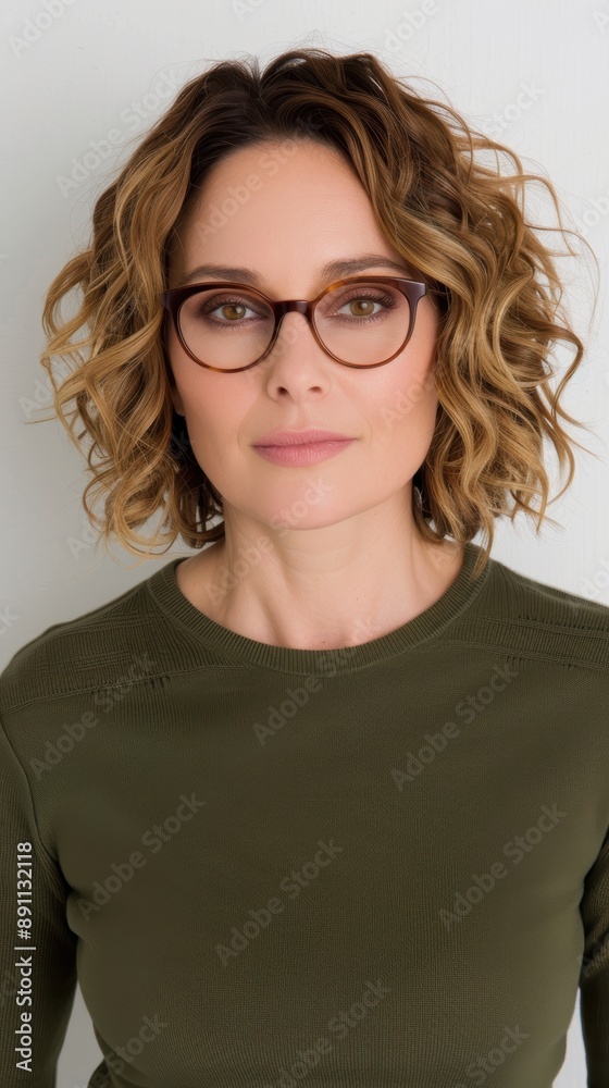 Wall mural Stylish woman with curly hair and glasses