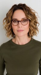 Obraz premium Stylish woman with curly hair and glasses