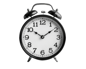 Classic black alarm clock with clear numbers and a timeless design, perfect for home or office decor.