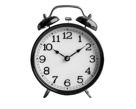 Classic black alarm clock with clear numbers and a timeless design, perfect for home or office decor.