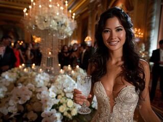 Bride holding a crystal glass at a luxurious wedding reception