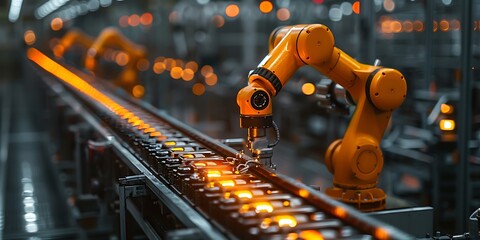 Industrial robot arm working on production line. Smart industry 4.0 concept.